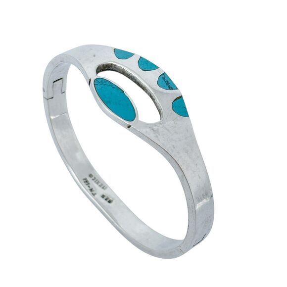 Vintage Mexico Taxco TM-181 Sterling Silver Turquoise Inlay Bangle Bracelet 6.5" - Picture 4 of 8
